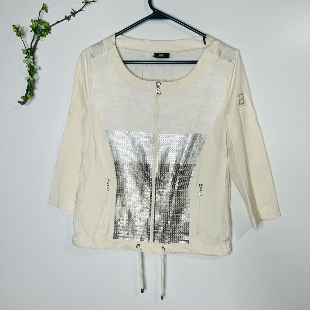 Bogner Cream Silk Blend Silver Sequins Lightweight Jacket